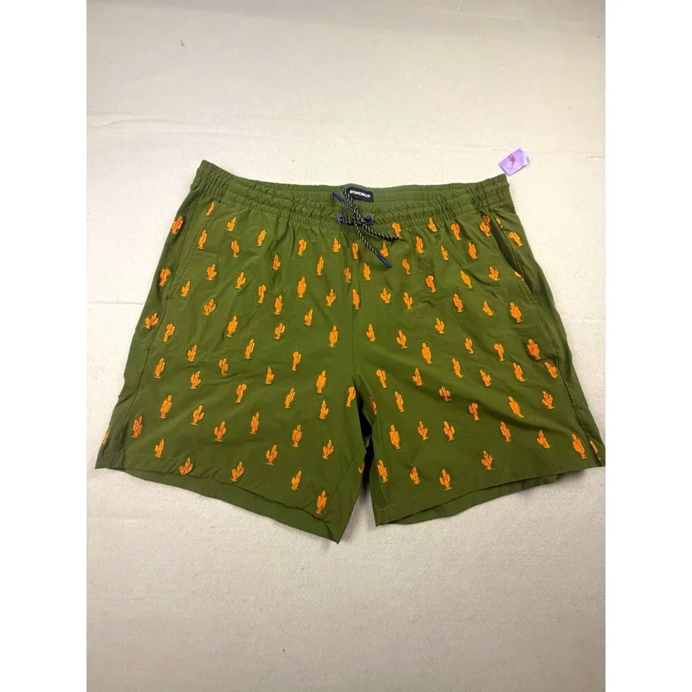 Bonobos Men's Swim Shorts Green Cactus Print Drawstring Elastic Waist 7